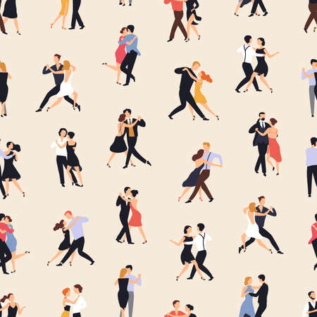Seamless pattern with people dancing Argentine tango on light background. Backdrop with men and women performing dance. Flat cartoon colorful vector illustration for wrapping paper, textile printのイラスト素材