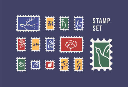 Collection of postage stamps with animals, birds, flowers and fruits isolated on dark background. Philately set. Bundle of decorative design elements. Flat cartoon colorful vector illustrationのイラスト素材