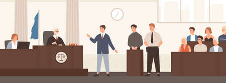 Advocate or barrister giving speech in courtroom in front of judge and jury. Legal defence, public hearing and criminal procedure at court or tribunal. Flat cartoon colorful vector illustrationのイラスト素材
