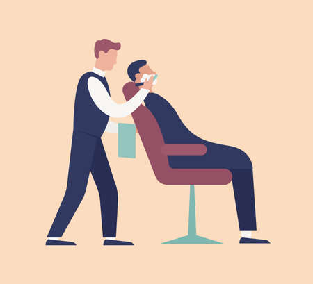 Barber putting foam and shaving young man sitting on chair. Cute funny guy in barbershop. Groom preparing for wedding ceremony or party celebration. Flat cartoon colorful vector illustrationのイラスト素材
