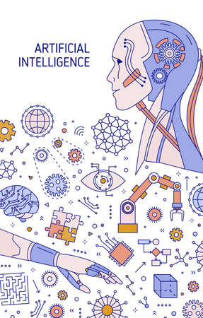 Flyer or poster template with robot, robotic arm, automatic manipulator, innovative technological devices. Artificial intelligence and machine learning. Vector in modern line art style.のイラスト素材