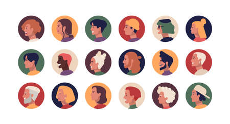 Collection of round profile portraits of young and elderly stylish men and women with various hairstyles. Bundle of funny peoples heads or faces. Set of avatars. Flat cartoon illustration.のイラスト素材
