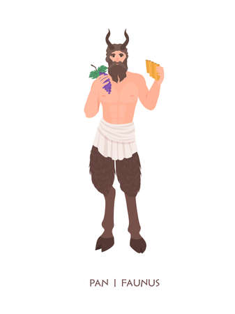 Pan or Faunus - god or deity of shepherds and fertility from ancient Greek and Roman religion. Male mythological creature with horns holding flute and grapes. Flat cartoon illustration.のイラスト素材