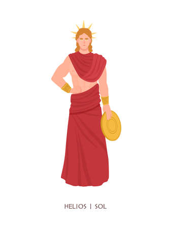 Helios or Sol - Olympian god or deity of Sun in Greek and Roman religion and mythology. Male character wearing radiant solar crown isolated on white background. Flat cartoon illustration.のイラスト素材