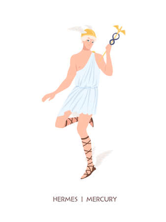 Hermes or Mercury - deity of trade, commerce and merchants of Greek and Roman pantheon, messenger of Olympian gods. Male mythical character wearing winged helmet. Flat cartoon illustration.のイラスト素材