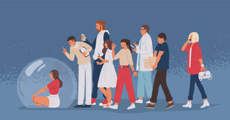 Young woman sitting inside transparent glass bubble and crowd of people. Concept of separation from society, social isolation or solitude, unsocial person. Flat cartoon colorful vector illustrationのイラスト素材