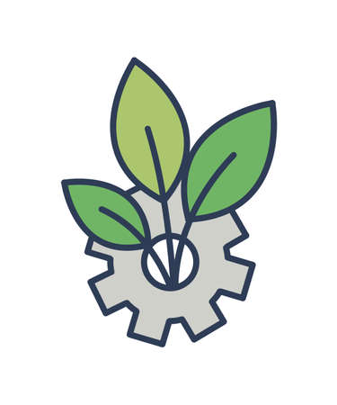 Gear wheel and plant growing through it isolated on white background. Symbol of eco friendly technology. Modern design element isolated on white background.のイラスト素材