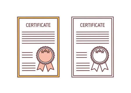 Set of certificates with seal and ribbon isolated on white background. Official document certifying professional or academic achievement. Colorful and monochrome vector illustration in linear styleのイラスト素材