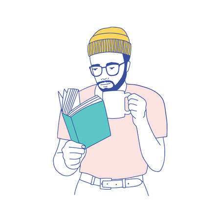 Cute smart bearded guy with glasses holding mug, drinking coffee and reading book. Portrait of thoughtful student or literature reader isolated on white background. Hand drawn vector illustrationのイラスト素材