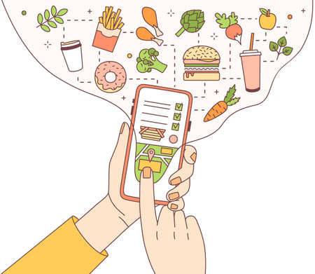 Poster template with hands holding phone with food delivery service mobile application or website on screen, restaurant or cafe meals and drinks to order. Modern vector illustration in linear styleのイラスト素材