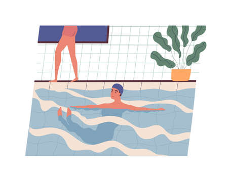 Happy smiling young man wearing swim cap swimming in pool. Funny guy performing physical activity in water. Daily sports workout or training. Everyday life. Modern flat cartoon vector illustrationのイラスト素材