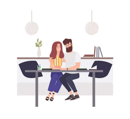 Lovely couple sitting at cafe table and embracing each other. Happy boyfriend and girlfriend. Young man and woman in love. Cute funny boy and girl on romantic date. Flat cartoon vector illustrationのイラスト素材