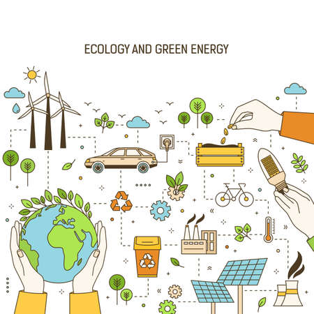 Square banner template with hands holding planet, lightbulb and seeds surrounded by wind and solar power plants, electric car. Green energy, electricity generation. Modern linear vector illustrationのイラスト素材
