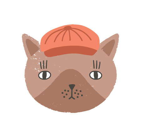 Cute funny face or head of cat wearing cap or hat. Lovely cartoon muzzle of kitten isolated on white background. Childish vector illustration in flat style for kids t-shirt or sweatshirt printのイラスト素材