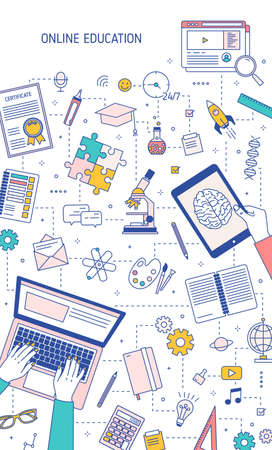 Flyer or poster template with hands typing on laptop and various office supplies. Distance education, internet learning, obtaining university degree online. Modern vector illustration in linear styleのイラスト素材