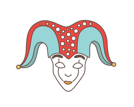 Festive mask of jester, harlequin, trickster, buffoon or droll isolated on white background. Traditional decoration for Venetian carnival, Mardi Gras masquerade. Vector illustration in line art styleのイラスト素材