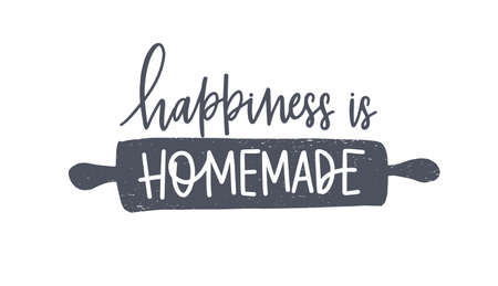 Happiness Is Homemade phrase handwritten with cursive calligraphic font or script on rolling pin. Elegant lettering and tool for food preparation, cooking. Hand drawn monochrome vector illustrationのイラスト素材