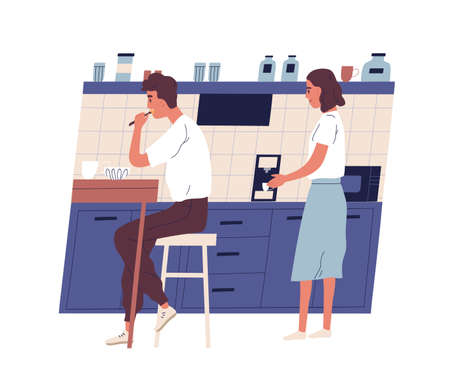 Man sits at table in office kitchen and eats lunch while his colleague uses coffee machine. Daily routine, everyday life of young professional or clerk. Flat cartoon vector illustrationのイラスト素材