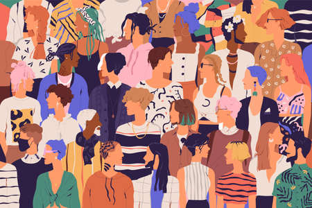 Crowd of young and elderly men and women in trendy hipster clothes. Diverse group of stylish people standing together. Society or population, social diversity. Flat cartoon vector illustrationのイラスト素材