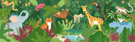 Adorable exotic animals in tropical forest or rainforest full of palm trees and lianas. Flora and fauna of tropics. Cute funny inhabitants of African jungle. Flat cartoon colorful vector illustrationのイラスト素材