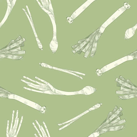 Botanical seamless pattern with leek hand drawn with contour lines on green background. Backdrop with tasty ripe fresh organic vegetable, culinary ingredient. Vector illustration in vintage styleのイラスト素材