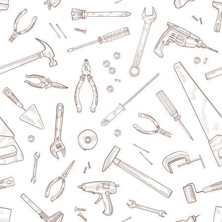 Monochrome seamless pattern with manual and powered tools for woodworking hand drawn with contour lines on white background. Backdrop with equipment for home repair. Realistic vector illustrationのイラスト素材