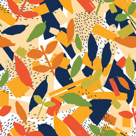 Artistic seamless pattern with colorful autumn foliage, paints stains and marks. Backdrop with motley leaves. Creative natural vector illustration in modern style for wrapping paper, textile printのイラスト素材