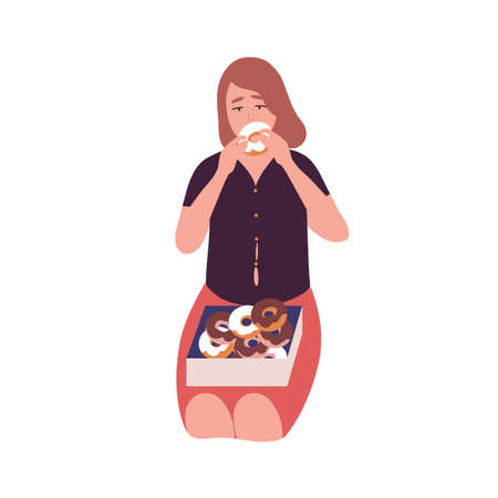 Sad young woman eating donuts. Concept of binge eating disorder, food addiction, overeating. Mental illness, behavioral problem, psychiatric condition. Flat cartoon colorful vector illustrationのイラスト素材