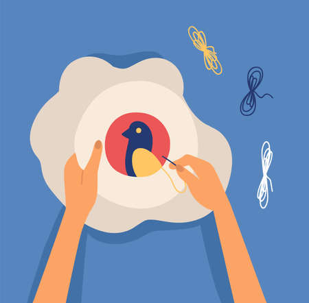Hands making decorative craftwork - embroidering bird on hoop. Embroidery, fancywork, needlepoint or needlework. Creative workshop, craftsmanship activity. Flat cartoon colorful vector illustrationのイラスト素材