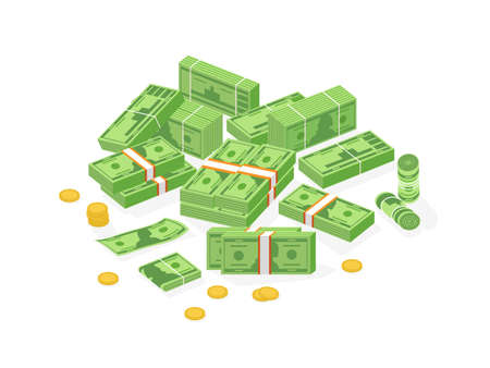 Collection of isometric cash money or currency. Set of Dollar bills or banknotes in packs, rolls and bundles and cent coins isolated on white background. Colorful isometric vector illustrationのイラスト素材