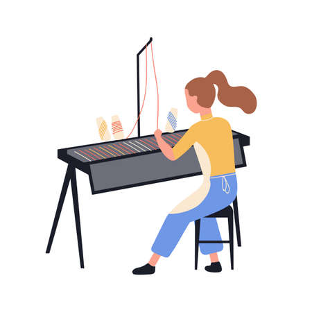Funny girl using loom and weaving cloth isolated on white background. Textile manufacturing. Cute young woman and her pastime activity or creative hobby. Flat cartoon colorful vector illustrationのイラスト素材