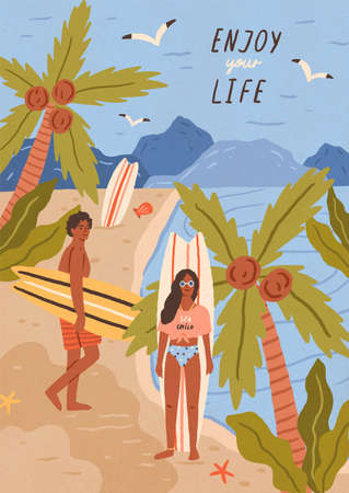 Cute happy young man and woman with surfboards on tropical sandy beach. Pair of smiling surfers on sea or ocean coast. Summer vacation at exotic resort. Flat cartoon colorful vector illustrationのイラスト素材