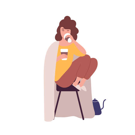 Sad sleepy young woman drinking coffee. Concept of caffein dependence or addiction, abnormal behavior. Mental illness, behavioral problem, psychiatric condition. Flat cartoon vector illustrationのイラスト素材