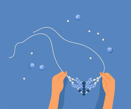 Hands making necklace with seed beads. Decorative craftwork, beadweaving or beadwork. Creative hobby, workshop, DIY tutorial, craftsmanship activity. Flat cartoon colorful vector illustrationのイラスト素材