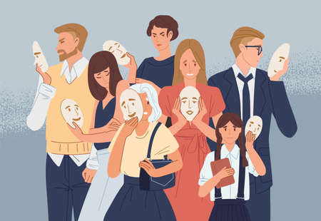Group of people covering their faces with masks expressing positive emotions. Concept of hiding personality or individuality, psychological problem. Flat cartoon colorful vector illustrationのイラスト素材