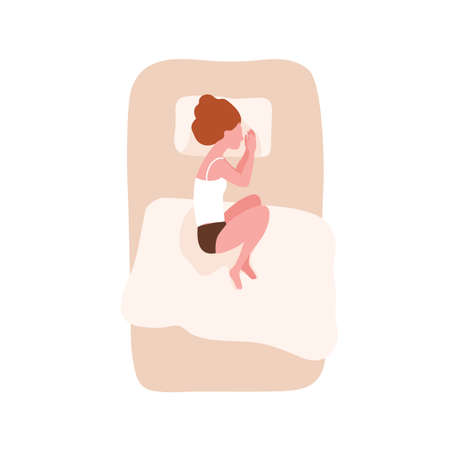 Young woman lying in bed and sleeping in fetal position. Female cartoon character relaxing during night slumber. Cute girl resting or reposing. Top view. Flat cartoon colorful vector illustrationのイラスト素材