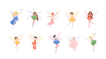 Bundle of funny gorgeous fairies in different dresses isolated on white background. Set of mythological or folkloric winged magical creatures, flying fairytale characters. Flat vector illustrationのイラスト素材