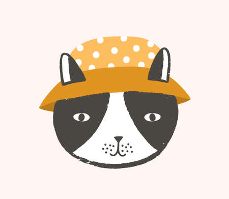 Adorable face or head of cat wearing bucket hat. Funny cute cartoon muzzle of kitten isolated on white background. Childish vector illustration in flat style for kids t-shirt or sweatshirt printのイラスト素材