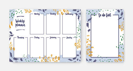 Bundle of weekly planner and to-do-list templates with frame decorated by brush strokes, paint traces and scribble. Effective daily task and appointment planning. Modern creative vector illustrationのイラスト素材