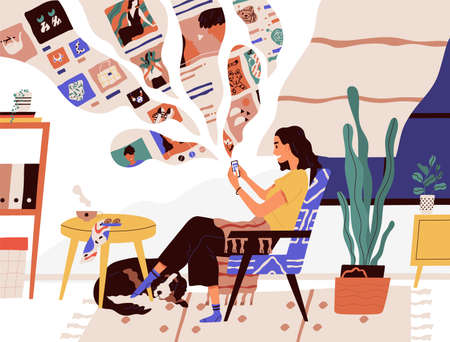 Cute funny girl sitting in comfy armchair and surfing internet on her smartphone. Smiling young woman using social network at home. Online search and communication. Flat cartoon vector illustrationのイラスト素材