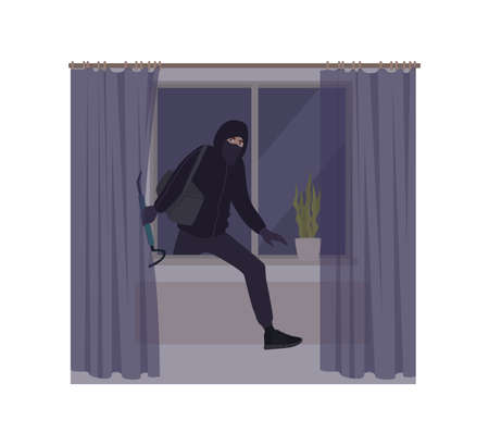 Male burglar wearing mask and hoodie breaking in house or apartment. Theft, burglary or housebreaking. Thief, burglar, criminal, housebreaker or outlaw. Flat cartoon colorful vector illustration.のイラスト素材