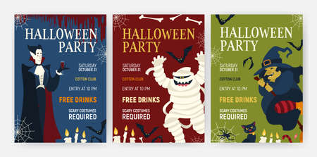 Bundle holiday flyer or poster templates with Halloween characters - vampire drinking blood, mummy, witch and cat. Vector illustration for party announcement, holiday event advertisement or promo.のイラスト素材