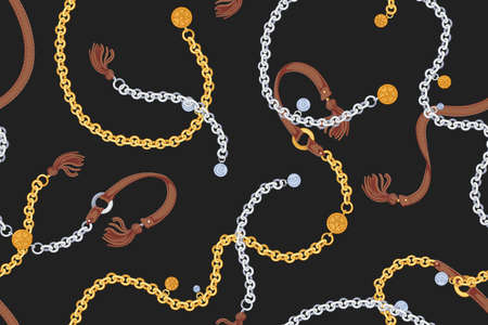 Backdrop with elegant golden and silver chain belts with charms and leather tassels. Horizontal background with trendy luxury accessories. Hand drawn realistic vector illustration in vintage styleのイラスト素材