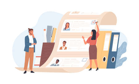 Man and woman office workers standing in front of list of job applicants. Concept of choice of worker or personnel, staff recruitment or employee hiring. Flat cartoon colorful vector illustrationのイラスト素材