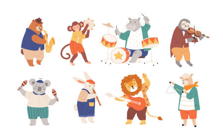 Bundle of funny animals playing musical instruments isolated on white background. Collection of cute cartoon musicians with guitar, flute, maracas, violin, sax. Flat childish vector illustration.のイラスト素材