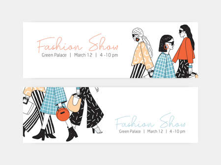 Bundle of web banner templates for fashion show with women wearing trendy haute couture clothing and demonstrating it on runway or ramp. Colorful hand drawn vector illustration for event announcement.のイラスト素材