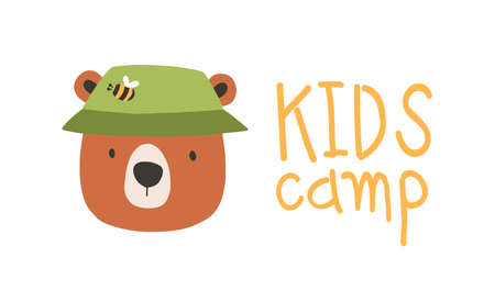 Face or head of cute lovely bear wearing bucket hat. Muzzle of funny animal isolated on white background. Vector illustration in flat cartoon style for children t-shirt print, for kids camp.のイラスト素材
