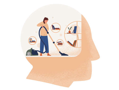 Cute woman with vacuum cleaner cleaning room inside giant head. Concept of cleansing and...