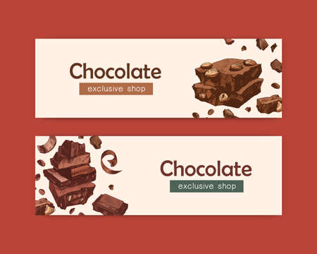 Bundle of elegant web banner templates with chocolate bars, sweet tasty organic desserts, natural delicious confections. Decorative vector illustration for shop, store or confectionery advertisement.のイラスト素材
