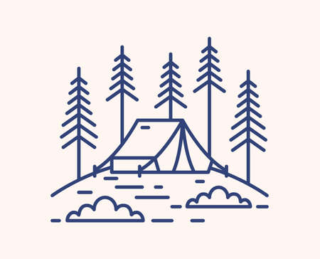Camping tent in forest outline vector illustration. Blue linear campsite isolated on white background. Bivvy on glade and fir trees monocolor line art signs. Outdoor recreation in pine woods.のイラスト素材